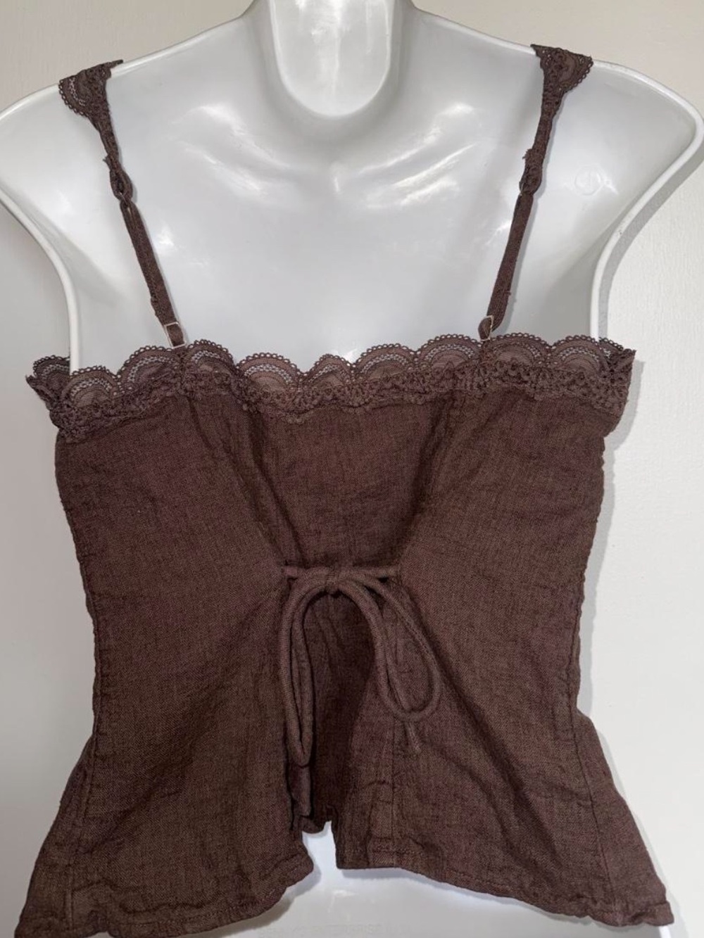 Abercrombie & Fitch Lace Trim Front Tie Peplum Linen Blend Top - Picture 4 of 5